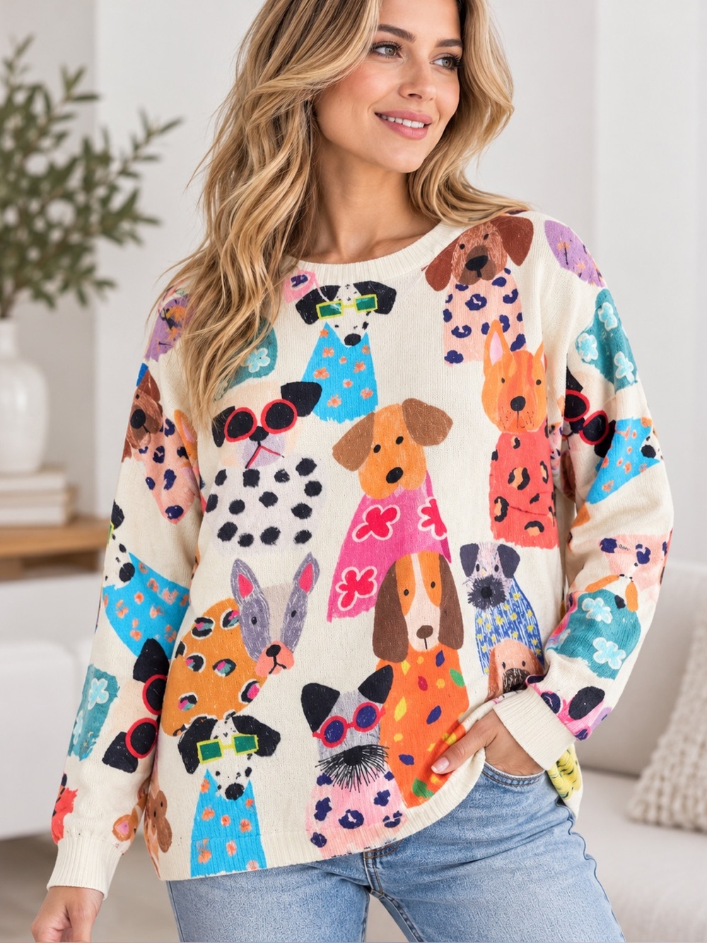 079.NEW  Dog Print Crewneck Sweater - Cream oversized